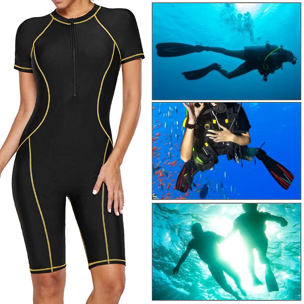 Women One-piece Black Diving Snorkeling Wet Suit Short Sleeve Fast Dry Swimwear(XL)