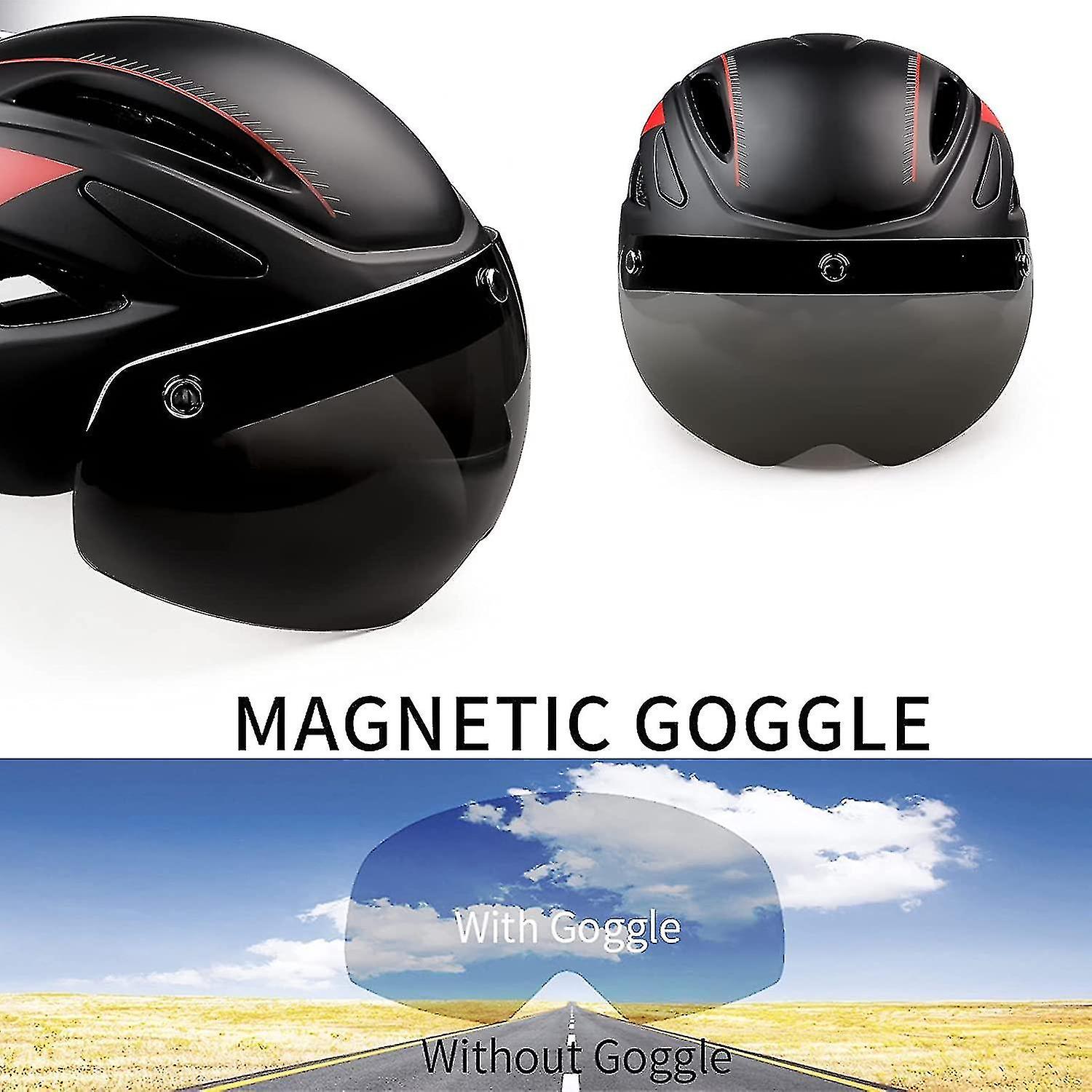 Cycling Helmet With Eye Protection Led Taillight Usb Charging Cable Detachable Sun Visor Magnetic Goggles Breathable Adjustable Helmet 52-61cm (red)