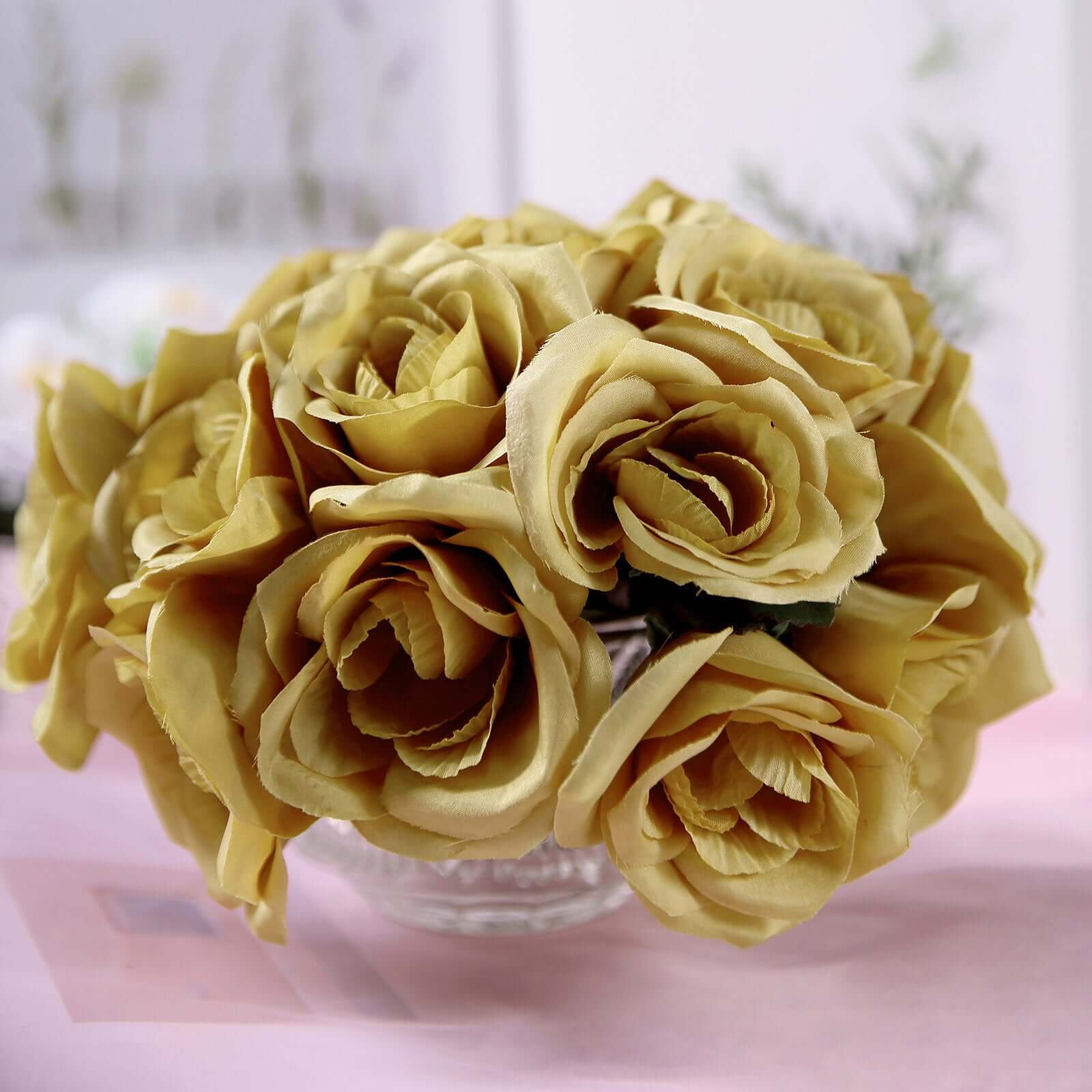 Gold Artificial Velvet-Like Fabric Rose Flower Bouquet Bush 12