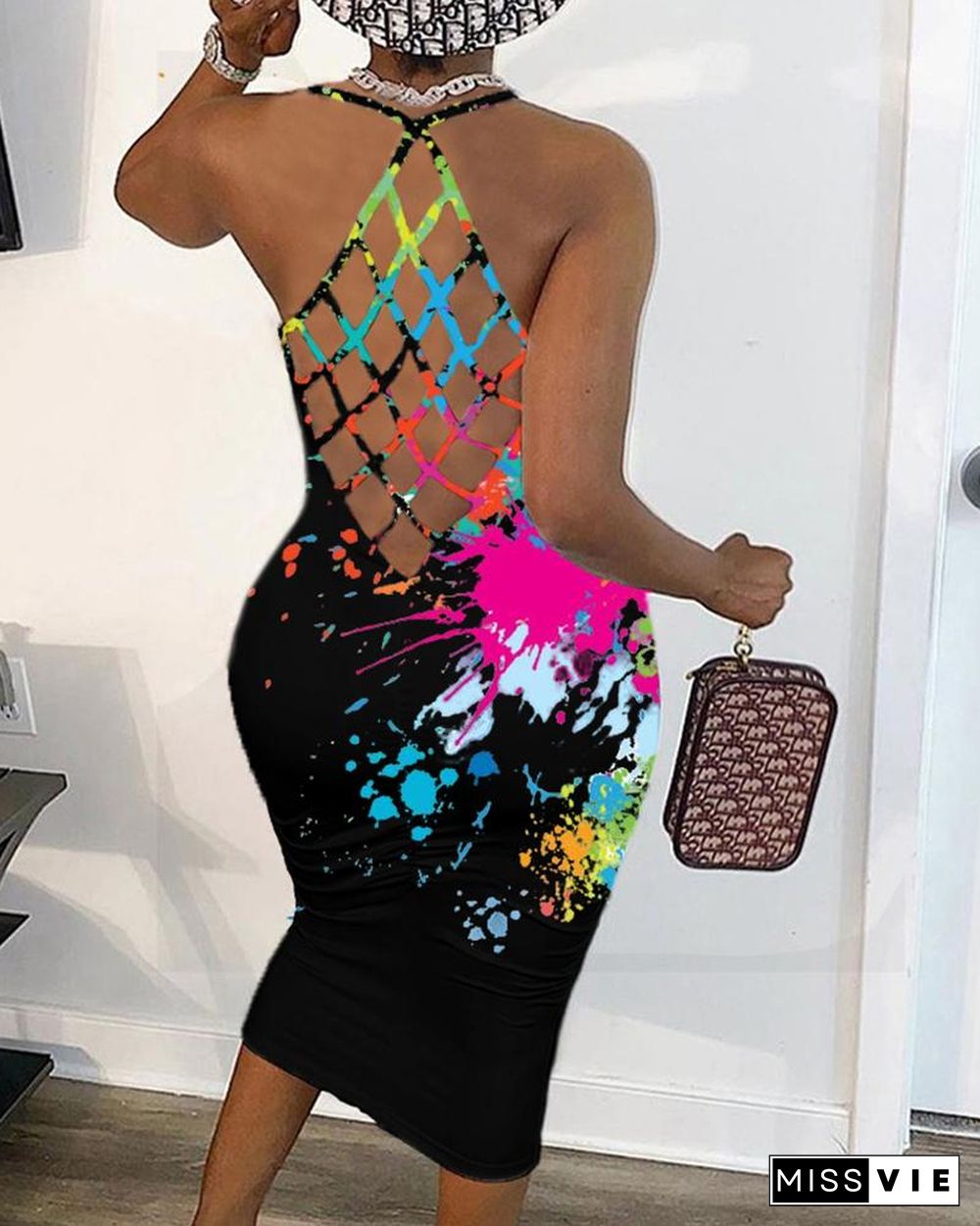 Splash Print Halter Fishnet Slim Dress