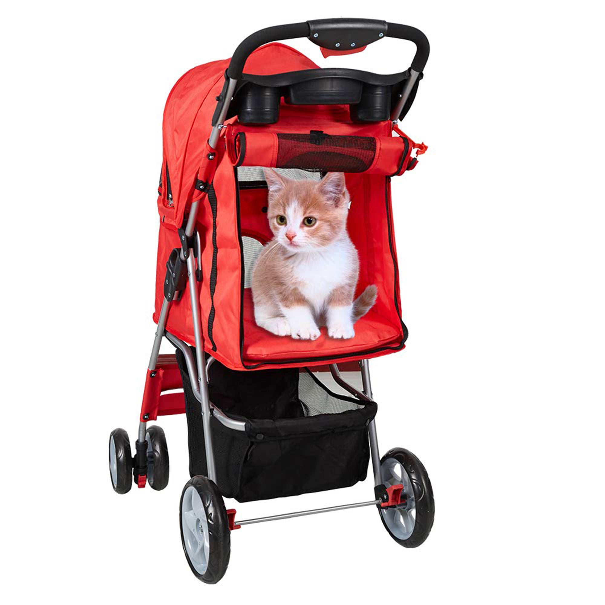 Karmas Product Folding Dog Stroller Cage Portable Travel Carrier with 3 Wheels ， red