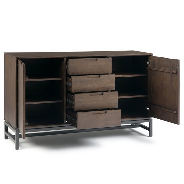 WYNDENHALL Devlin SOLID HARDWOOD and Metal 60 inchWideRectangle Industrial Sideboard with Centre Drawers in Walnut Brown