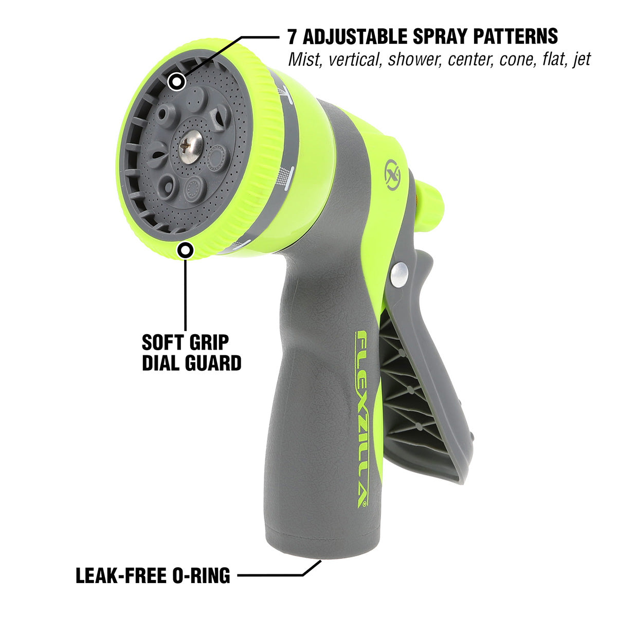 Flexzilla™ Heavy Duty 7-Pattern Adjustable Pistol Grip Garden Hose Nozzle， ZillaGreen™