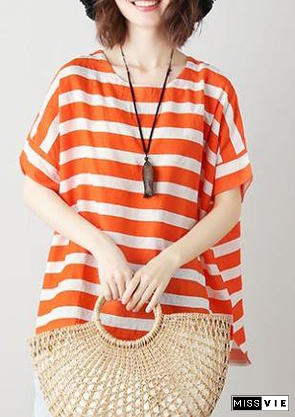 Natural orange striped cotton blouses for women o neck Batwing Sleeve Art top