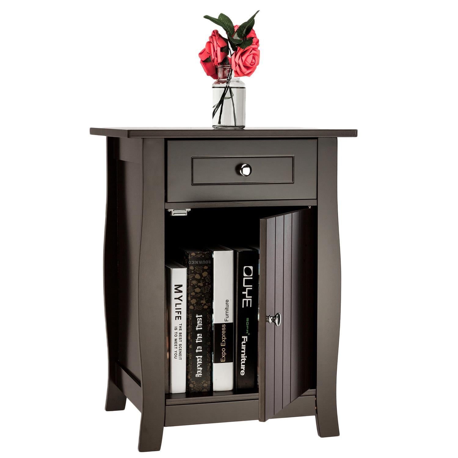 Ktaxon Bedside Nightstand 24.5-inch Tall End Tables with Drawer & Roomy Storage Cabinet, Brown