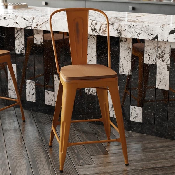 Flash Furniture Counter Height Stool with Teak Poly Resin Wood Seat - 17.75