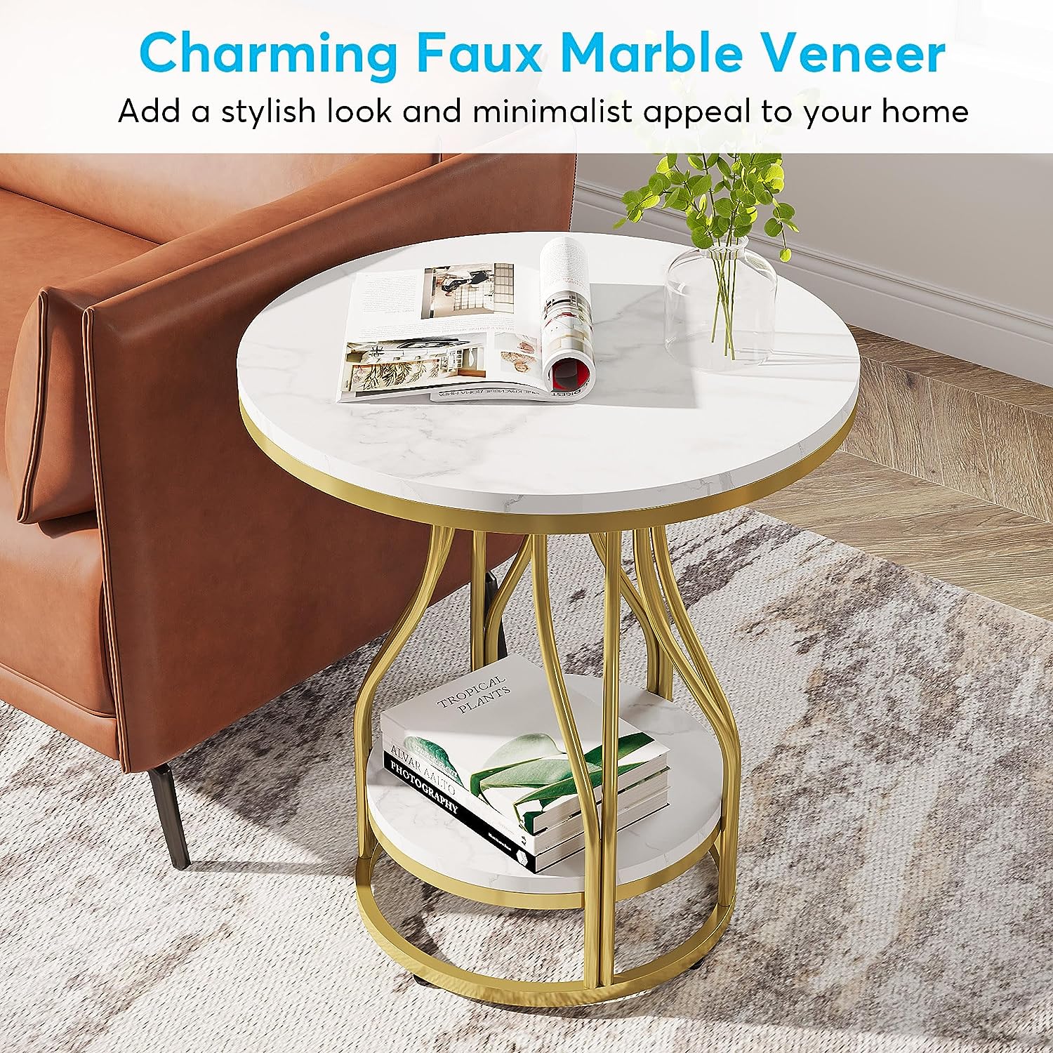 2-Tier End Table, Round Sofa Side Table with Metal Frame