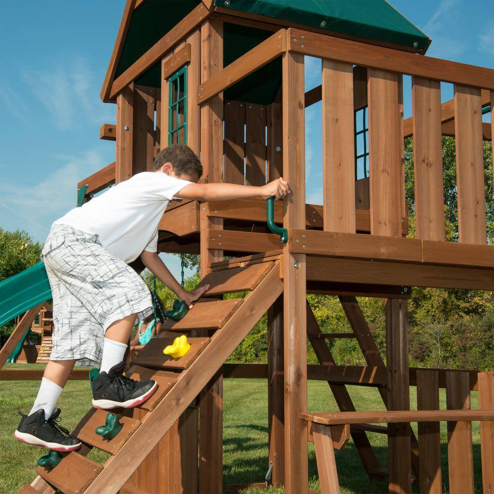 Swing-N-Slide Playsets Knightsbridge Plus Complete Wooden Outdoor Playset with Monkey Bars Slide Rock Wall and Swing Set Accessories WS 8351