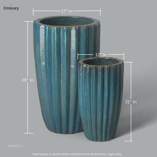 Emissary Tall 17 in. D x 29 in. H Teal Ceramic Round Planter with Drainage Hole 1260TL-2