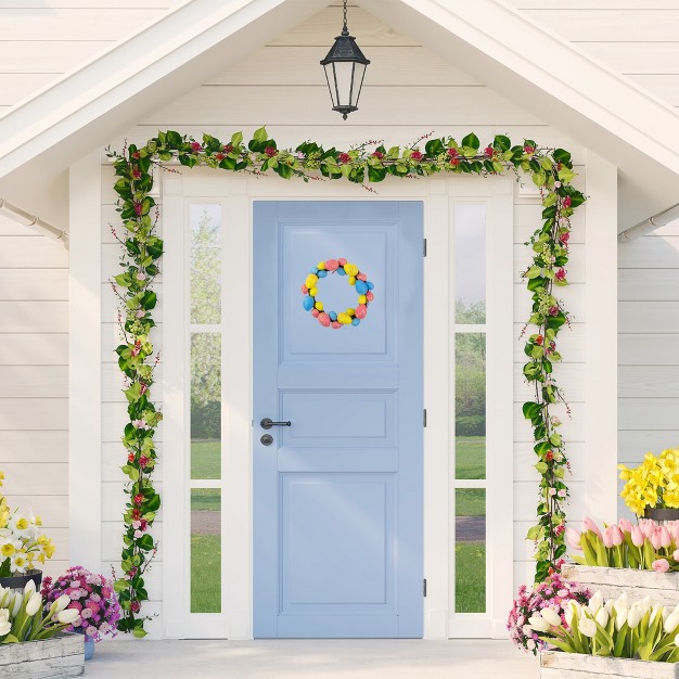 Floral Stem Easter Egg Spring Grapevine Wreath Yellow pink Unlit