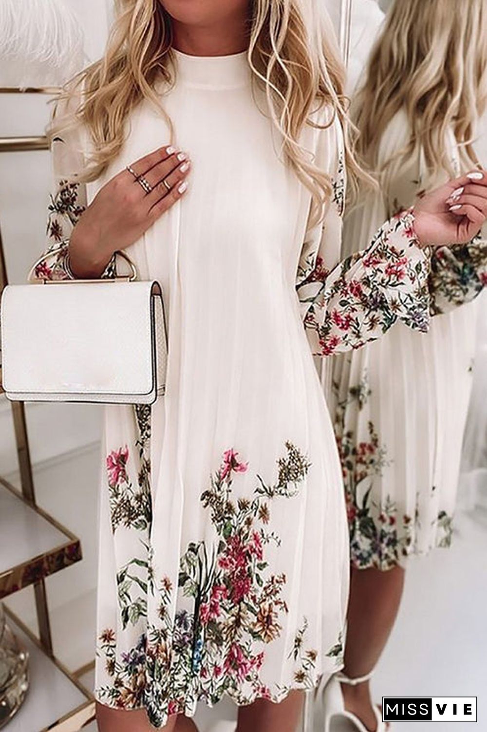 Floral Print Ruffle Trim Pleated Dress