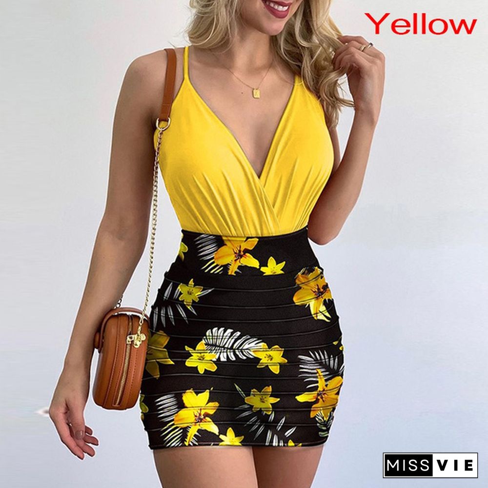 Women Sexy Spaghetti Strap Backless Summer Deep V Neck Solid Color Ruched Bodysuit And Floral Print Bodycon Skirt Set