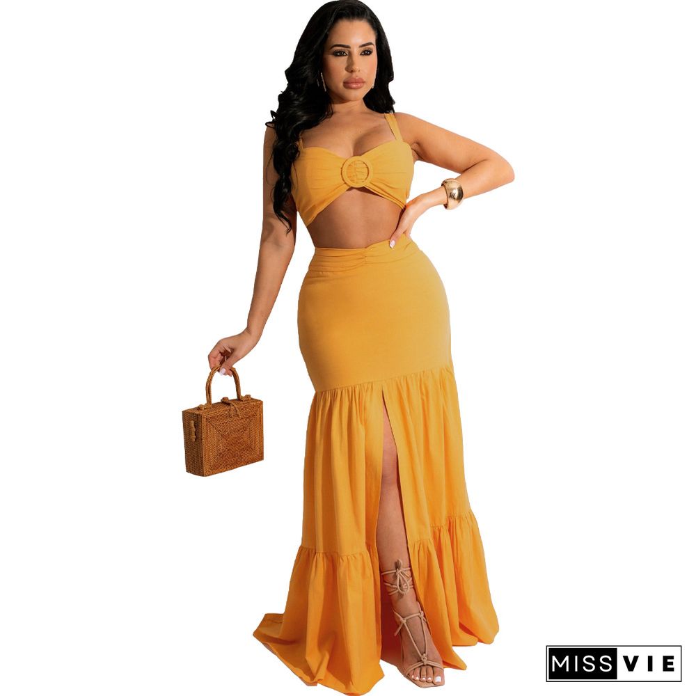 Solid Sleeveless Crop Top High Slit Maxi Skirt Set