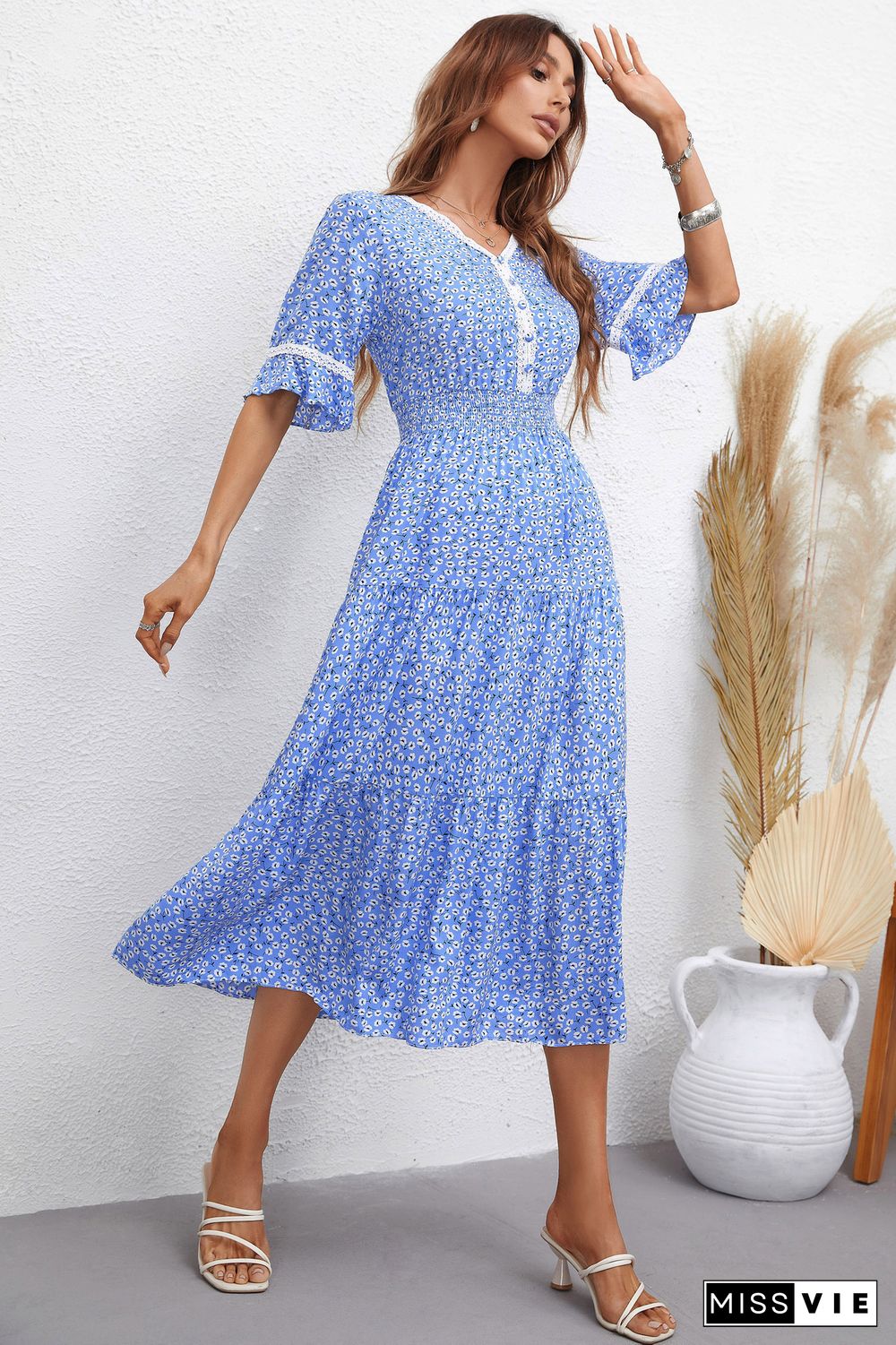 Elegant Floral Print Dress Women Summer Dresses New V-Neck Short Flared Sleeve Single-Breasted Ruffle Midi Dress