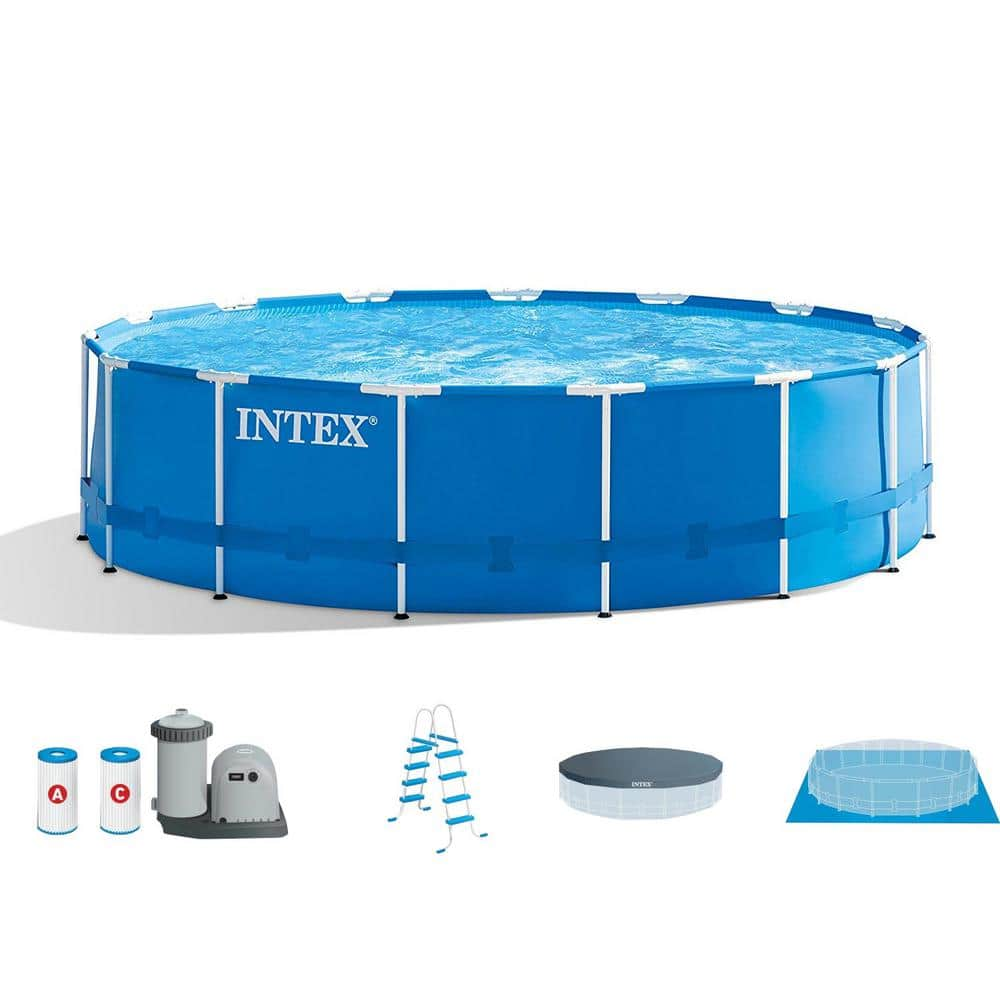 Intex 18 ft. W x 4 ft. Round Metal Frame Above Ground Swimming Pool Set Pump, Ladder and Cover 28253EH