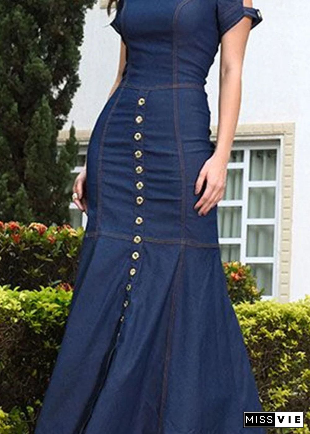 Style Slim Fit Navy O Neck Patchwork Long Denim Dress Summer