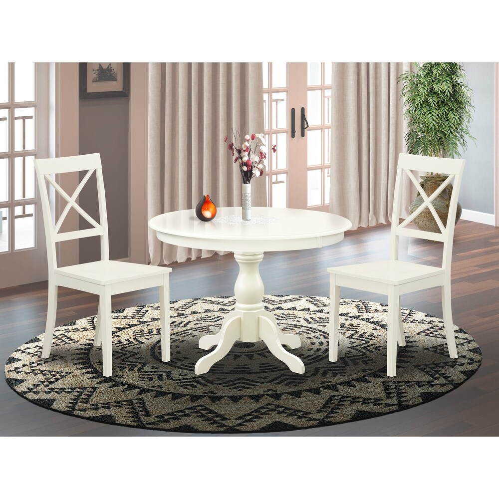 East West Furniture 3 Piece Dining Table Set  a Kitchen Table with Pedestal and 2 Dining Chairs(Finish   Seat Type Options)