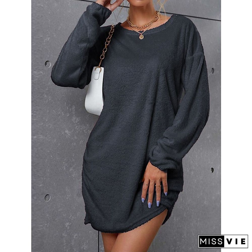 Women's Casual Dress T Shirt Dress Tee Dress Shift Dress Plain Ruched Crew Neck Mini Dress Basic Outdoor Daily Long Sleeve Loose Fit Black White Wine Winter Fall S M L XL XXXL