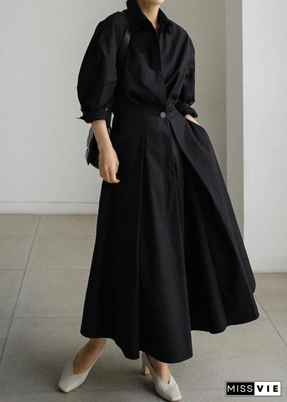 Black Button Wrinkled Cotton Dresses Long Sleeve