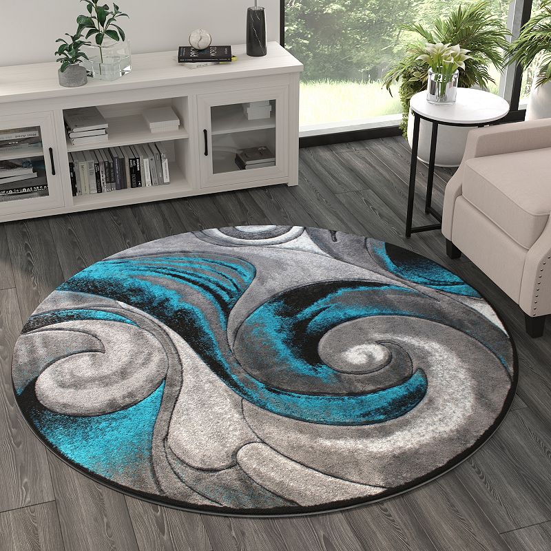 Masada Rugs Masada Rugs DaVincii Collection 6'x6' Round Modern Woven Area Rug with Hand Carved Wave Design in Turquoise - Design D410