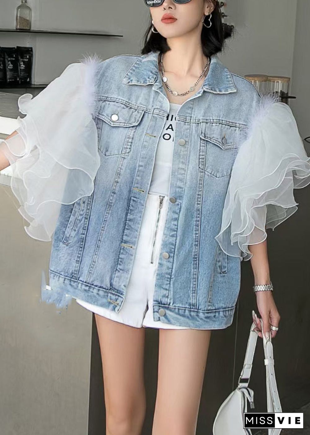 Style Blue Ruffled Tulle Patchwork Button Coats Short Sleeve