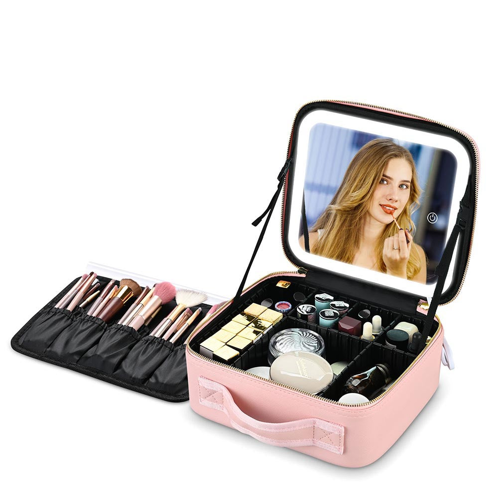 Yescom Small Lighted Makeup Case with Mirror Dividers Brush Holder