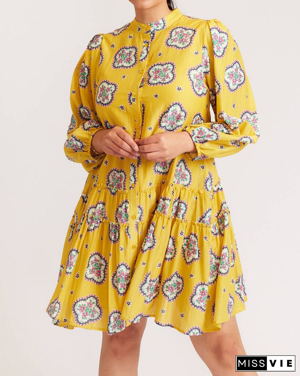 Cropped Sleeve Printed Loose Pleated Dress