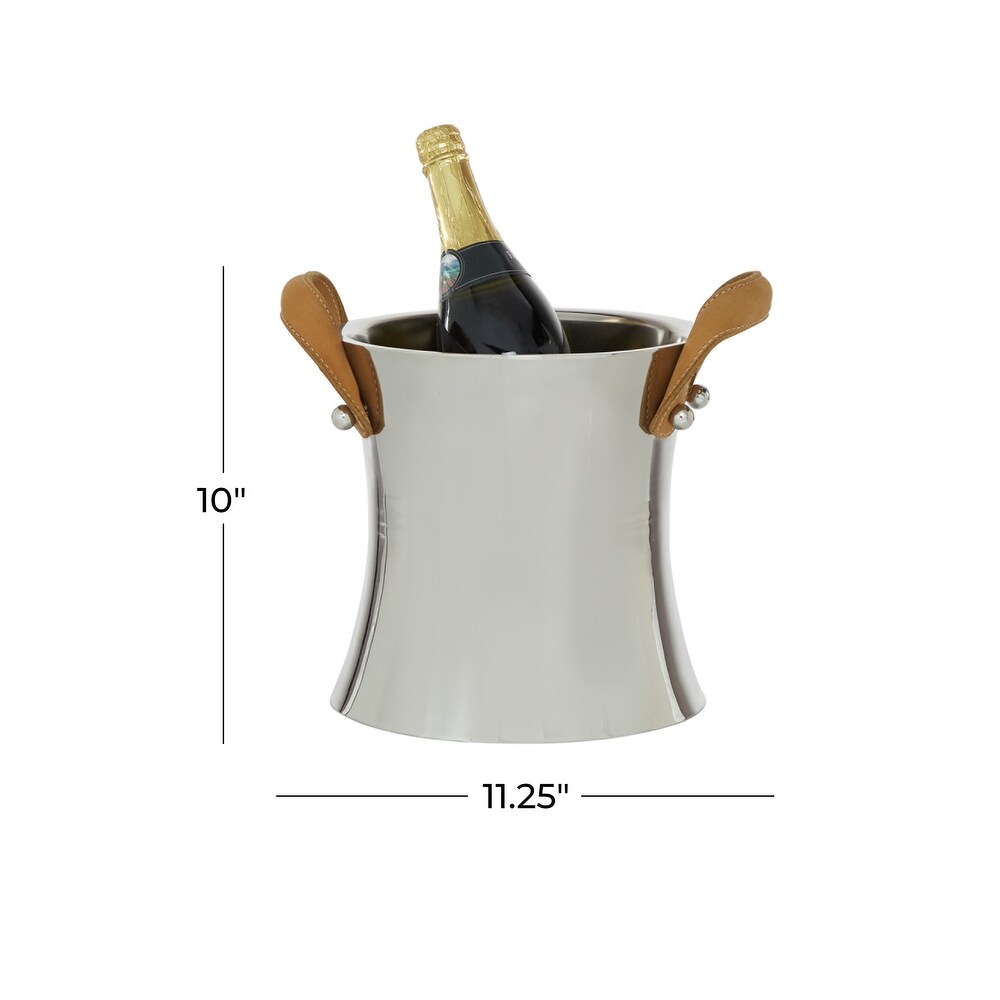 Silver Stainless Steel Champagne Single Bottle Ice Bucket with Leather Strap Handles   11 x 9 x 10