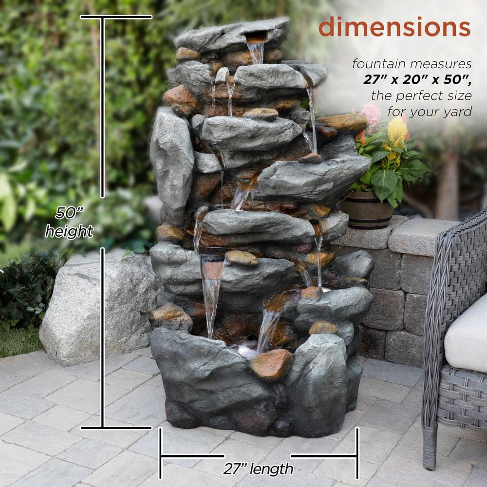 Alpine Corporation 50 in. Tall Outdoor 8-Tier Rock Waterfall Fountain with LED Lights, Grey TZL130