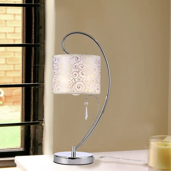 Chrome Bedside Lamp with Fabric Shade Modern Crystal Table Lamp