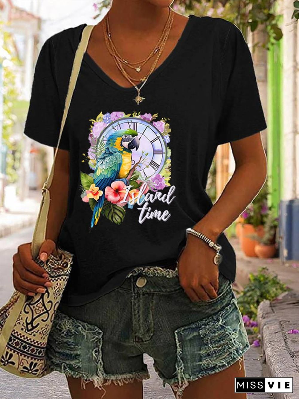 Women's Retro Parrothead Graphic Casual T-Shirt