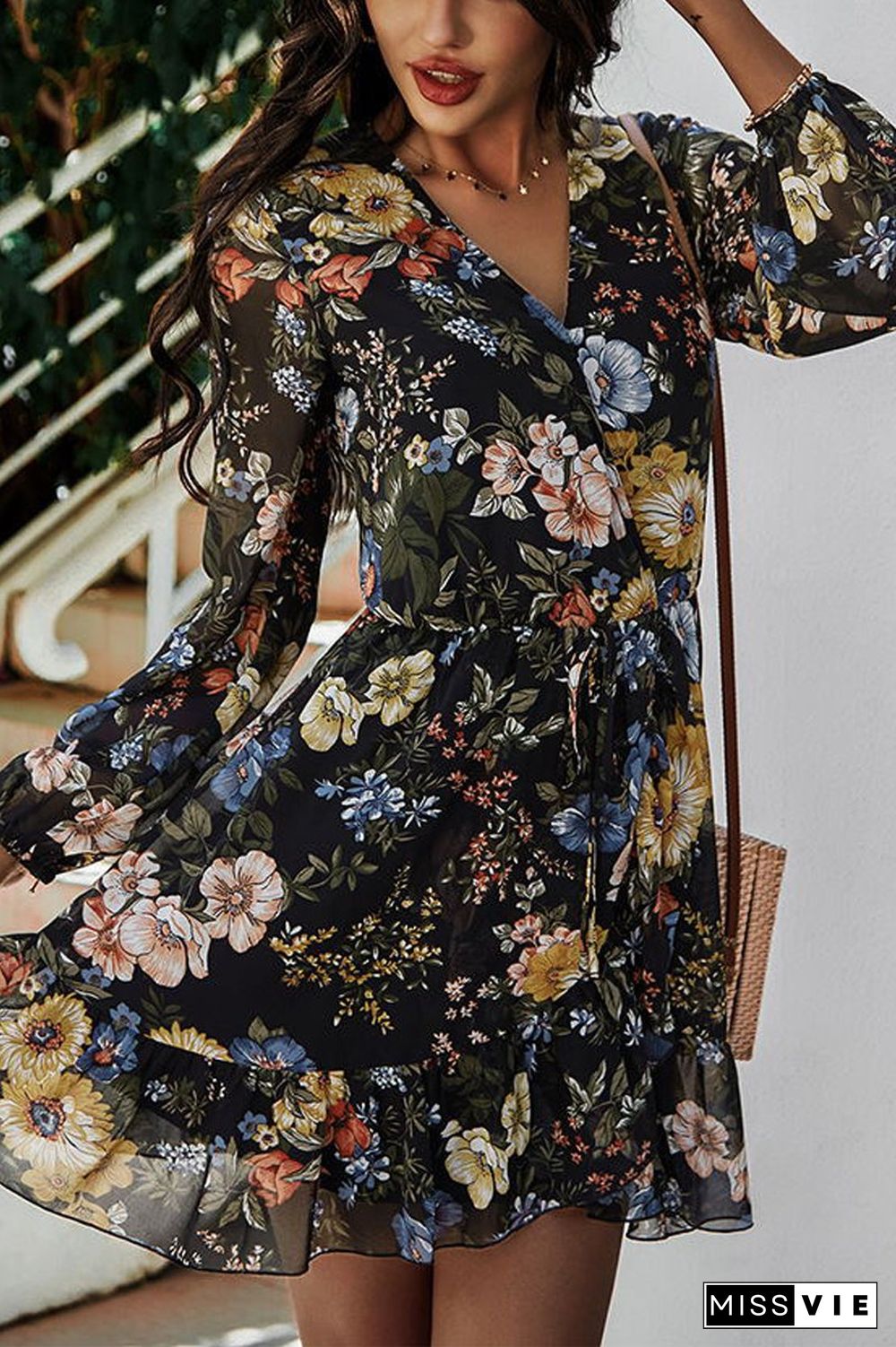 Chiffon V-Neck Floral Print Dress