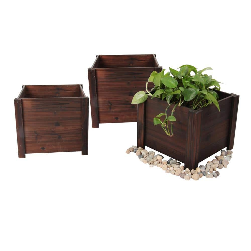 Leisure Season Medium 12 in. W x 12 in. D x 10 in. H Square Wooden Brown Planter (3-Pack) SQP120S-B