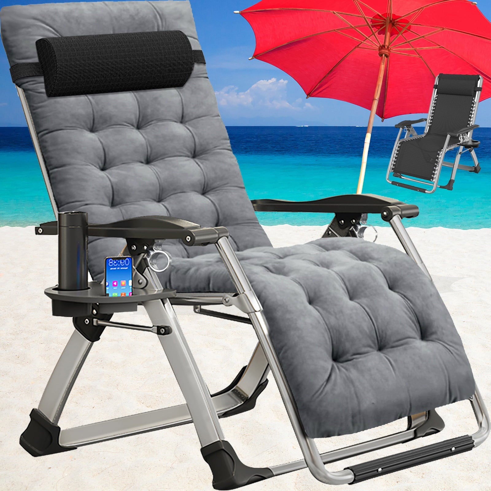 Lilypelle Zero Gravity Chair, Lawn Recliner, Reclining Patio Lounger Chair, Folding Portable Chaise with Removable Soft Cushion, Cup Holder, Headrest