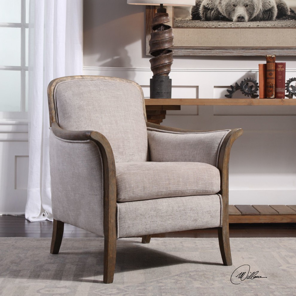 Weathered Exposed Wood Curved Arm Chair  Beige Taupe Living Room   Transitional   Armchairs And Accent Chairs   by My Swanky Home  Houzz