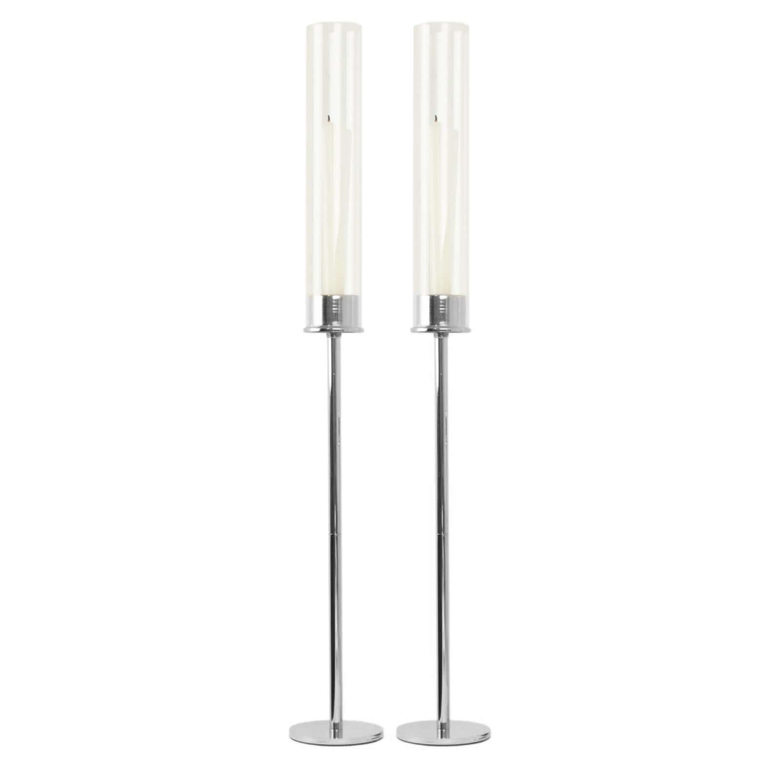 2 Pack Silver Metal Clear Glass Taper Candlestick Holders, Hurricane Candle Stands With Glass Chimney Candle Shades 24