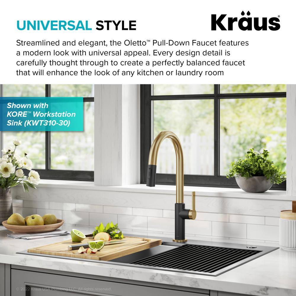 KRAUS Oletto Single Handle Pull-Down Kitchen Faucet in Brushed BrassMatte Black KPF-2820BBMB