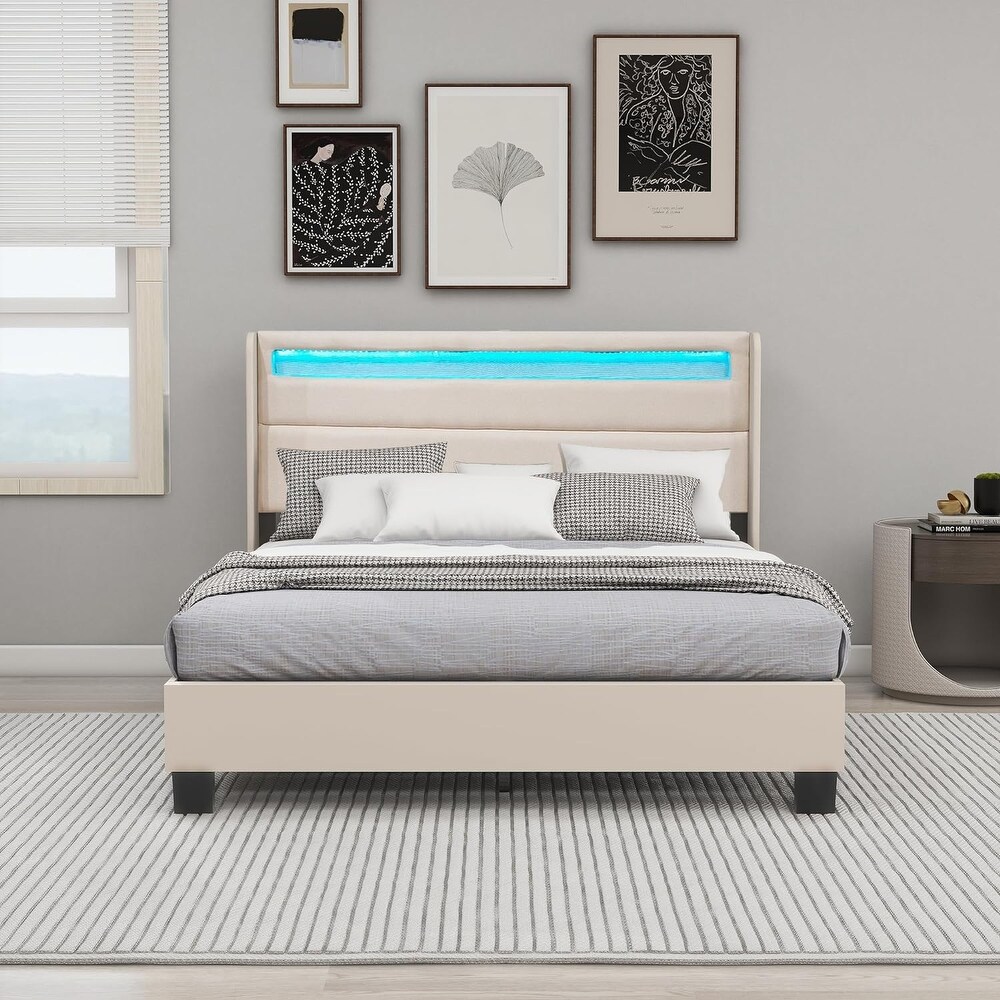 NNV Modern Industrial Bed Frame Metal Platform with Rustic Wooden Headboard