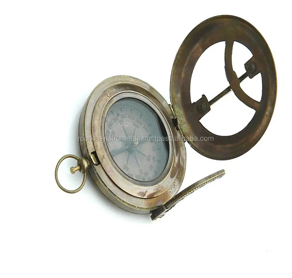 Antique Nautical Vintage Directional Magnetic Sundial Clock Pocket Brass Sundial Compass With Handmade Leather Case