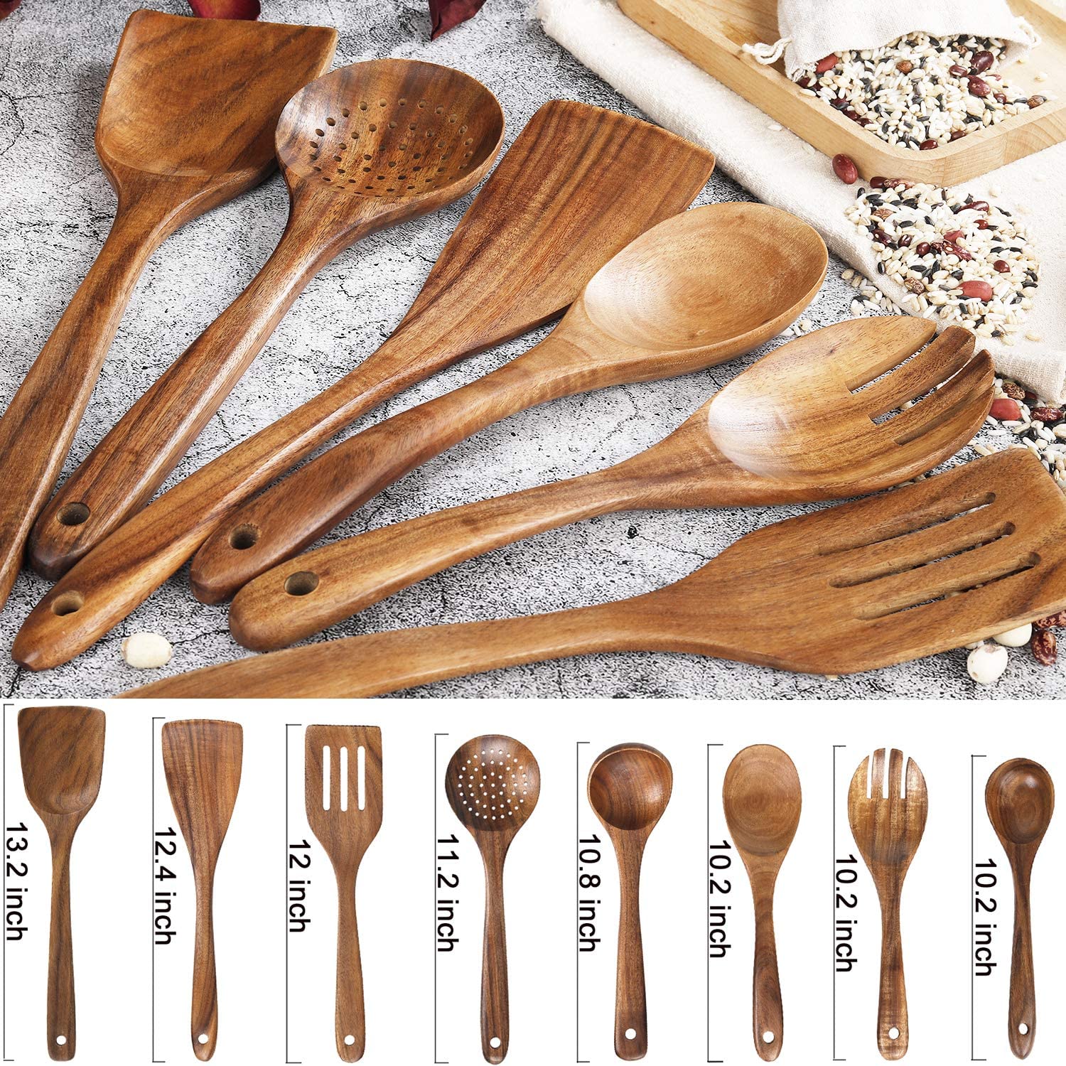 Wooden Spoons for Cooking， Nonstick Kitchen Utensil Set (Teak 8 Pack)