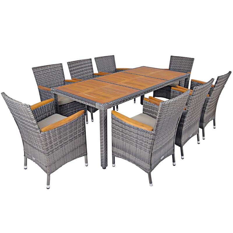 9 Pcs Rattan Patio Dining Set Outdoor Furniture Set with Acacia Wood Table & Cushioned Armchairs