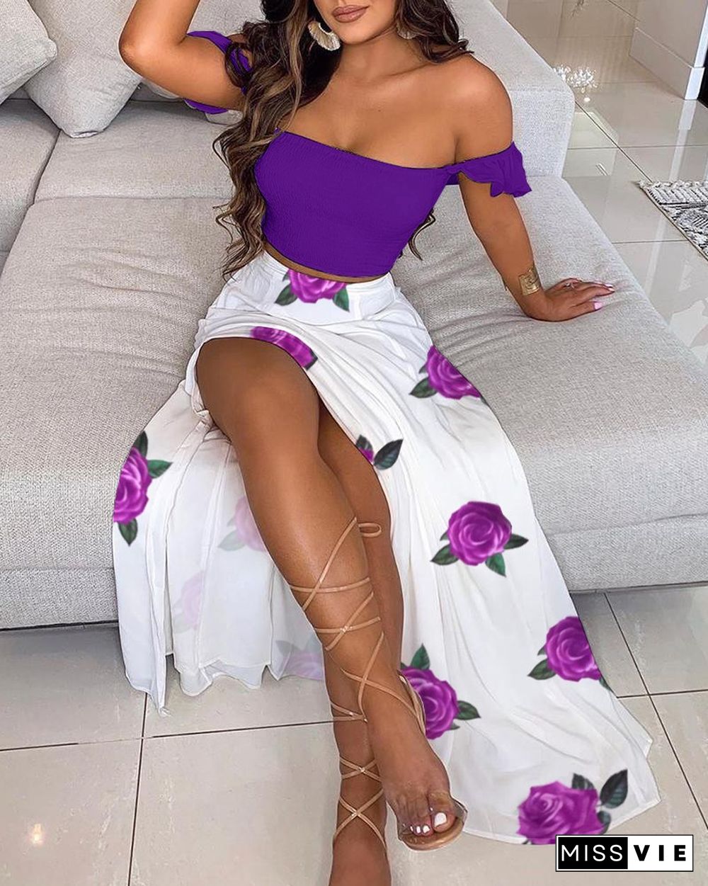 Off Shoulder Crop Top & Floral Print High Slit Skirt Sets