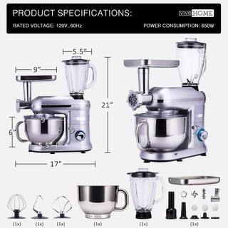 VIVOHOME 6 qt. 6- speed Silver 3 in 1 Multifunctional Stand Mixer with Meat Grinder and Juice Blender ETL Listed X001ZDY1G1