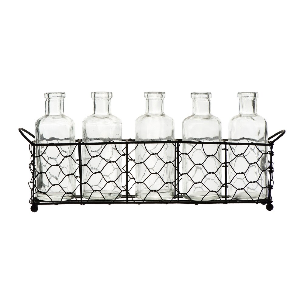 5 Glass Vase Bottles on a Rectangle Metal Holder with Handles   12.8\