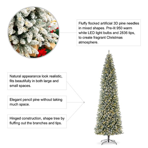 Glitzhome 11ft PreLit Flocked Pencil Fir Artificial Christmas Tree with 950 Warm White Lights