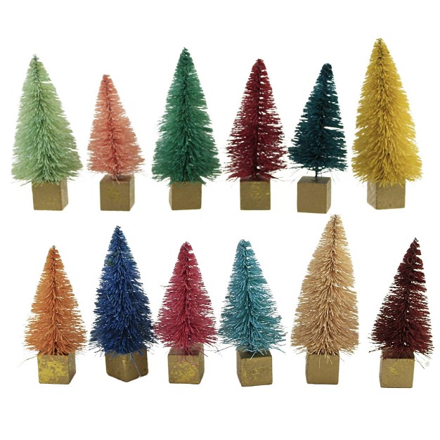 Cody Foster Christmas Rainbow Forest Mini Trees Box Of 12 Mini Bottle Brush Trees On Gold Block 2 5 Inches Set 12 Bottle Brush Gold Base