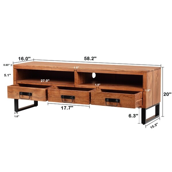 58''W Solid WoodandMetal Base TV Stand with 3 Storage Drawerand2 Shelf up to 65