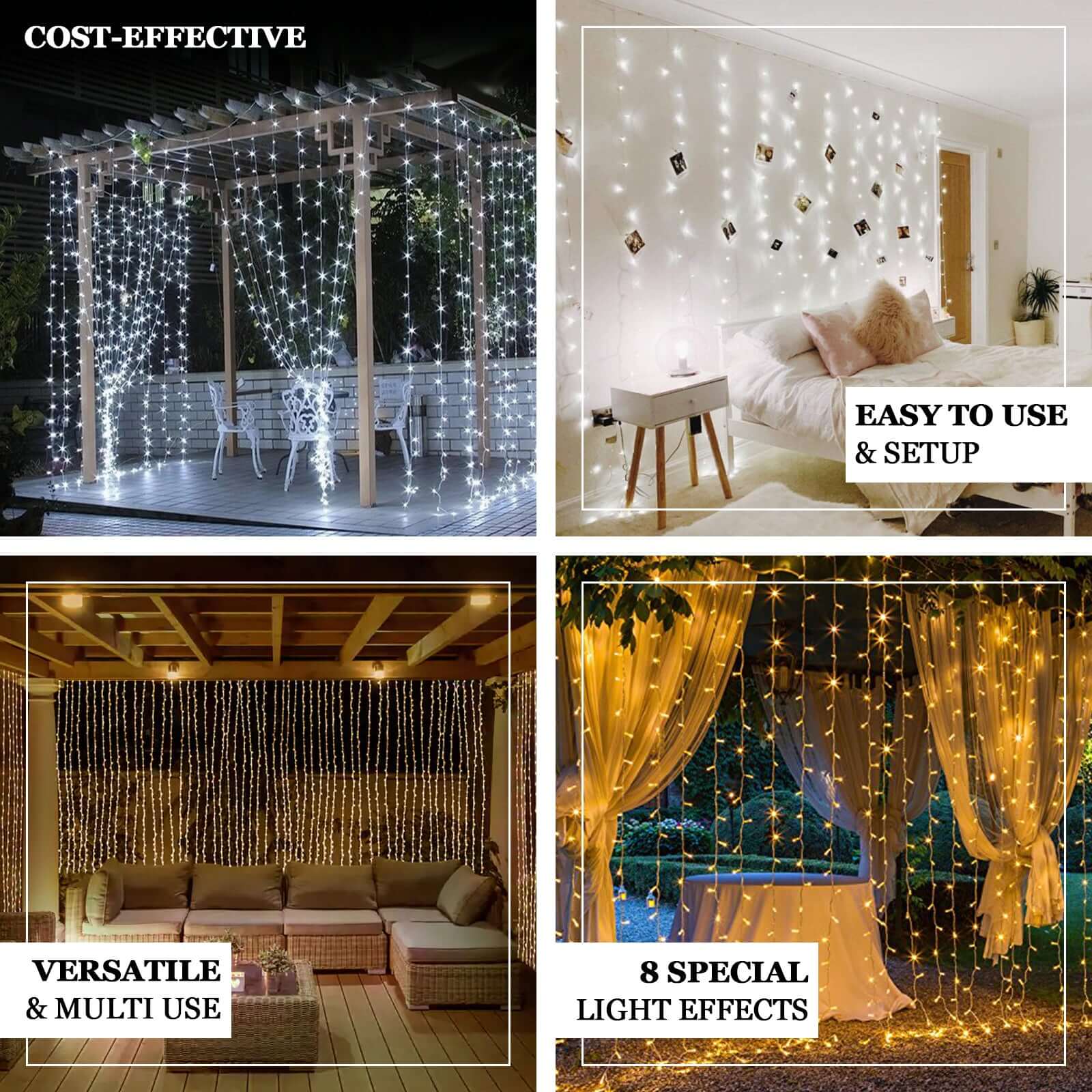 Warm White 300 LED Icicle Curtain Fairy String Lights with 8 Modes 10ft