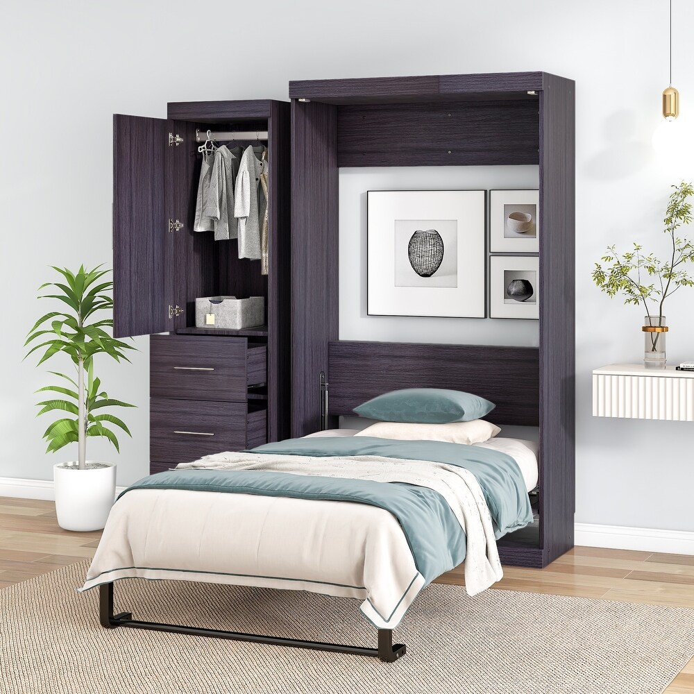 Murphy Bed with Wardrobe and 3 Storage Drawers  Pine Wood Multifunctional Storage Wall Bed  Can be Folded into A Cabinet