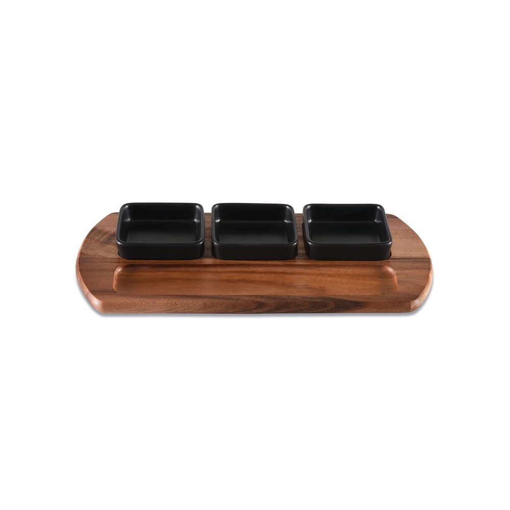 Charcuterie/ Serving Tray w/ 3 black square ceramic bowls